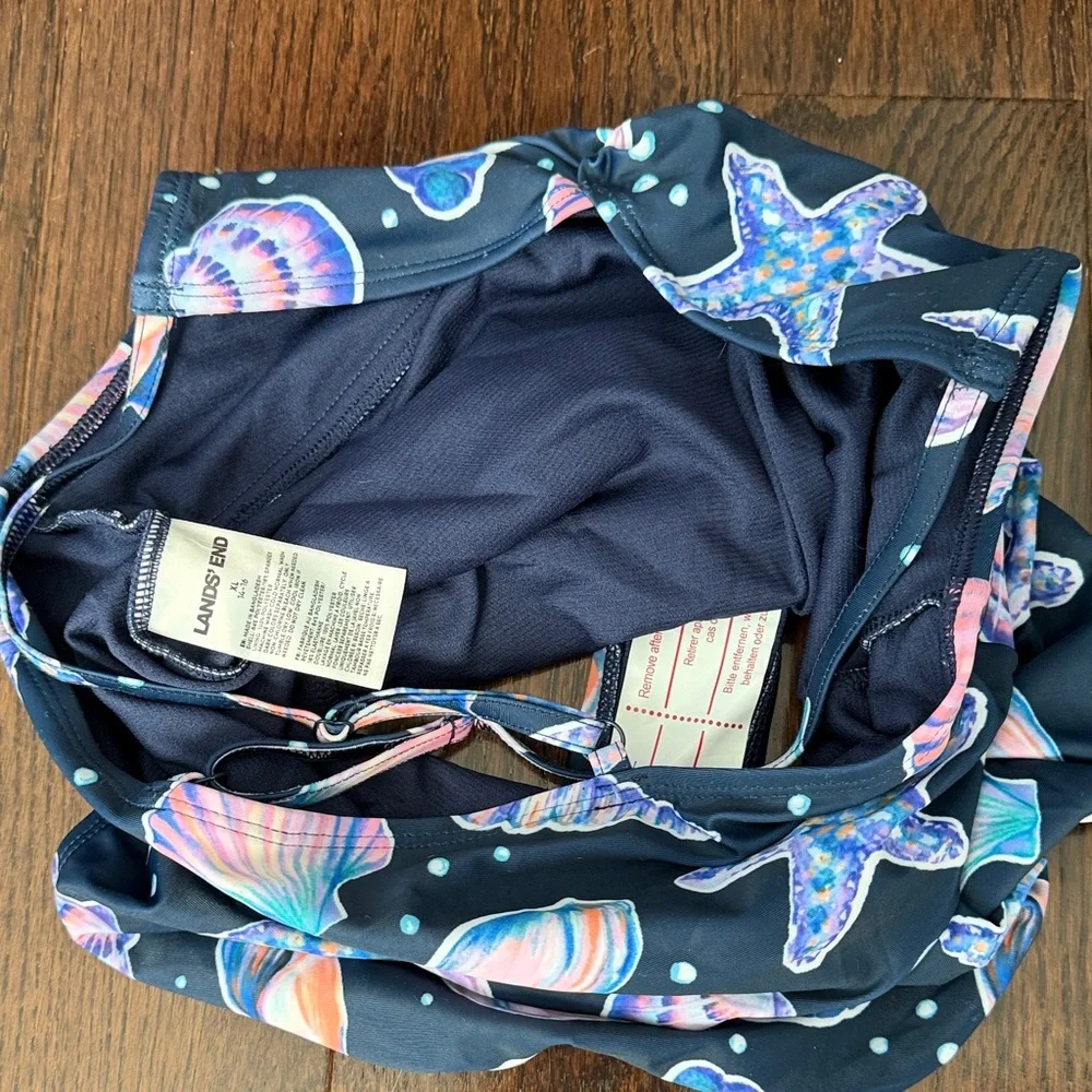 Land’s End: Two XL Kids One-Piece Swimsuits- Navy Star & Seashell Prints